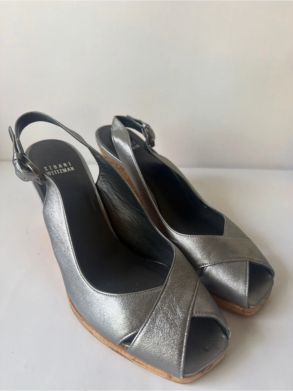Stuart Weitzman Metallic Silver Cork Wedge Slingback Peep-Toe Sandals